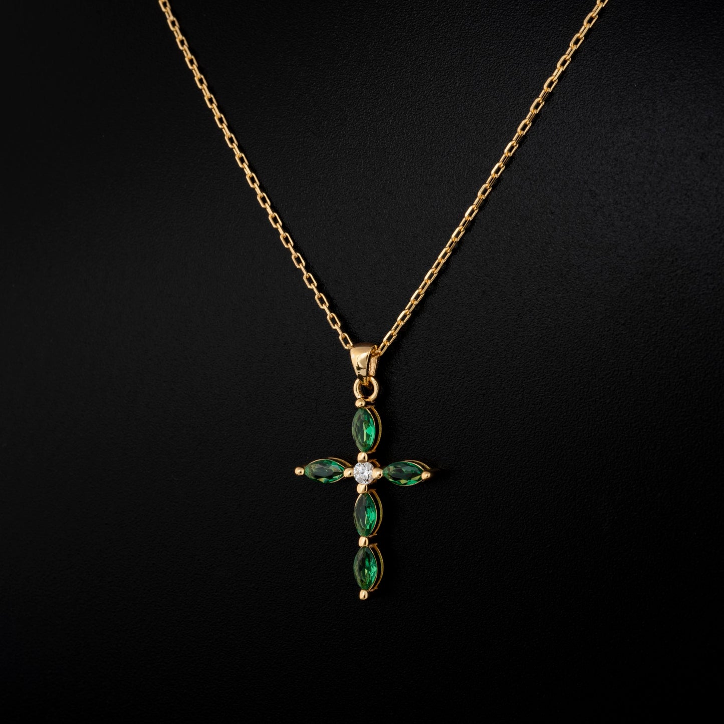 Emerald Single Diamond Marquise Cross Necklace in 14K Solid Gold, May Birthstone Pendant Queen Jewelry Necklace