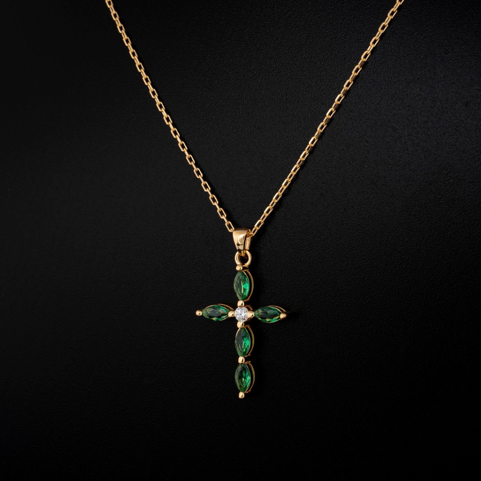 Emerald Single Diamond Marquise Cross Necklace in 14K Solid Gold, May Birthstone Pendant Queen Jewelry Necklace