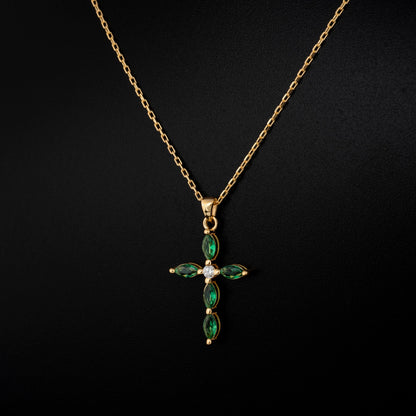 Emerald Single Diamond Marquise Cross Necklace in 14K Solid Gold, May Birthstone Pendant Queen Jewelry Necklace