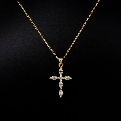 White Topaz Single Diamond Marquise Cross Necklace in 14K Solid Gold, April Birthstone Pendant Queen Jewelry Necklace