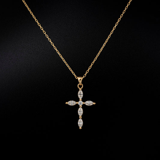 White Topaz Single Diamond Marquise Cross Necklace in 14K Solid Gold, April Birthstone Pendant Queen Jewelry Necklace