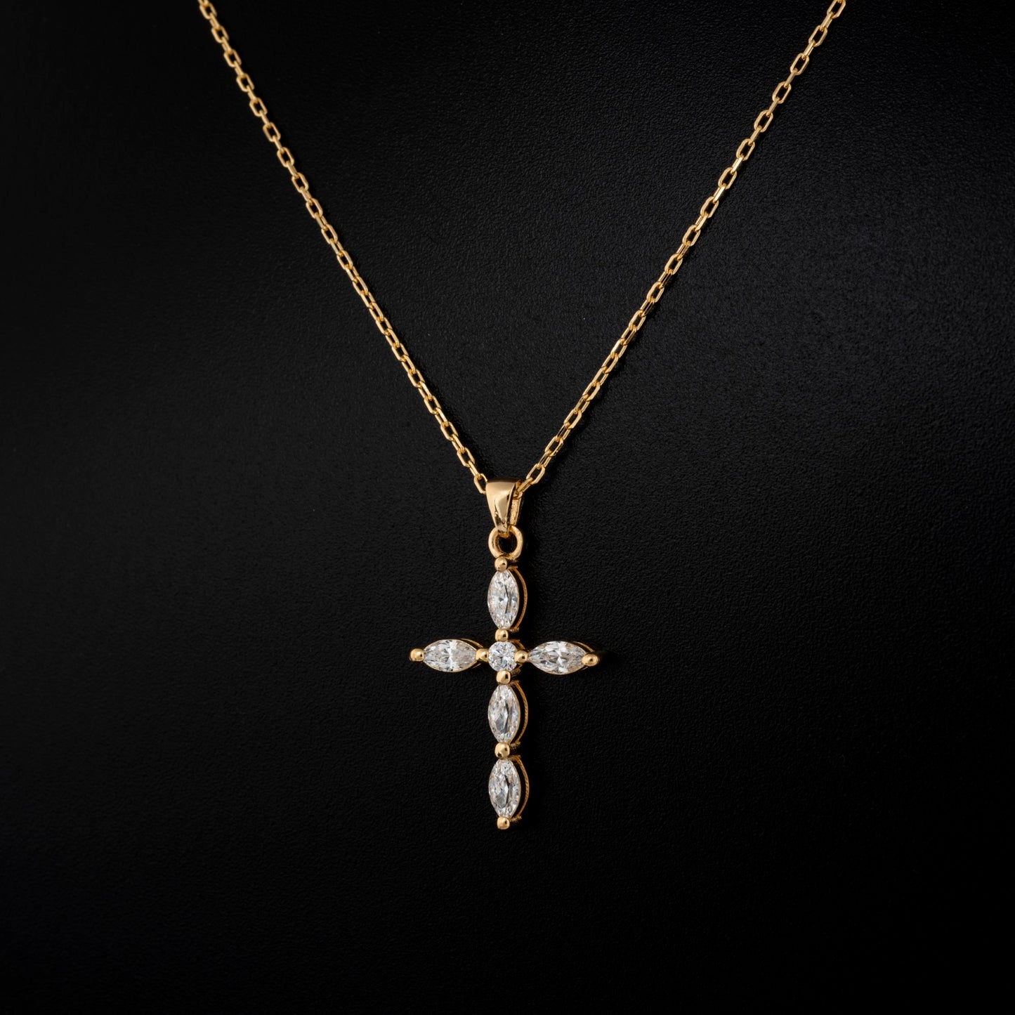 White Topaz Single Diamond Marquise Cross Necklace in 14K Solid Gold, April Birthstone Pendant Queen Jewelry Necklace