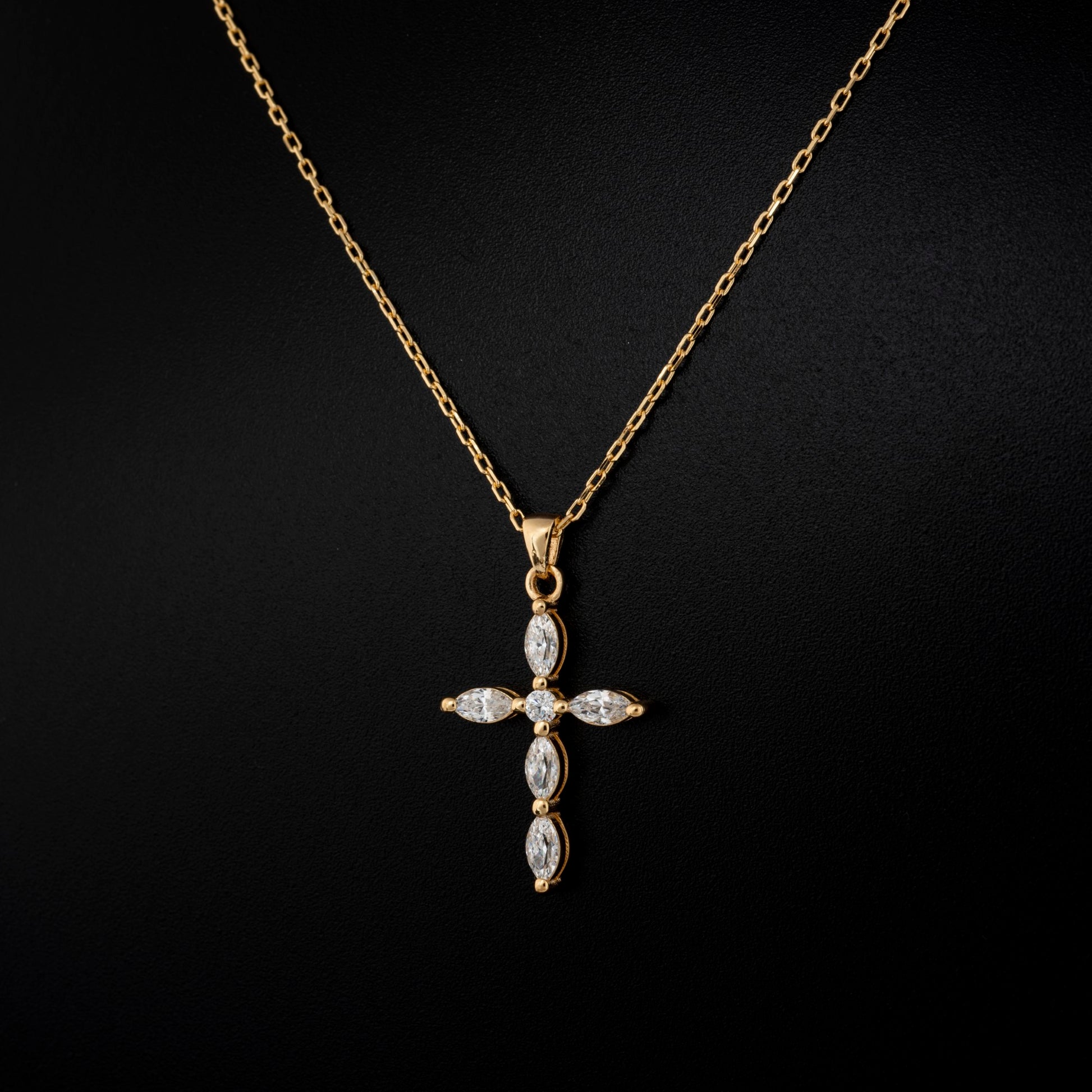 White Topaz Single Diamond Marquise Cross Necklace in 14K Solid Gold, April Birthstone Pendant Queen Jewelry Necklace