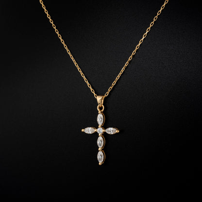 White Topaz Single Diamond Marquise Cross Necklace in 14K Solid Gold, April Birthstone Pendant Queen Jewelry Necklace