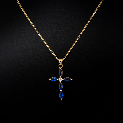Sapphire Single Diamond Marquise Cross Necklace in 14K Solid Gold, September Birthstone Pendant Queen Jewelry Necklace