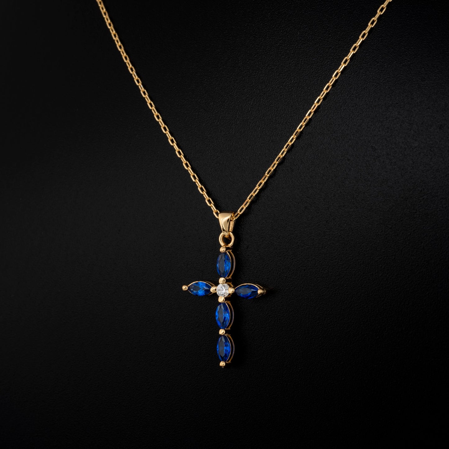 Sapphire Single Diamond Marquise Cross Necklace in 14K Solid Gold, September Birthstone Pendant Queen Jewelry Necklace