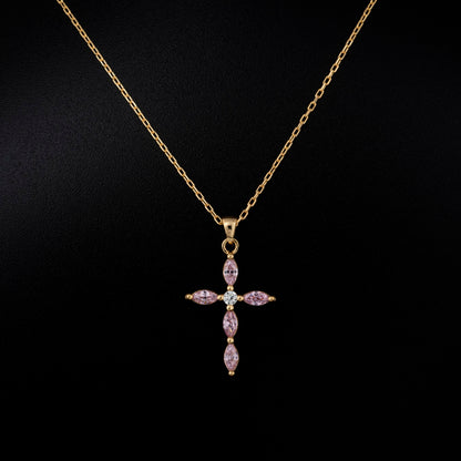 Pink Tourmaline Single Diamond Marquise Cross Necklace in 14K Solid Gold, October Birthstone Pendant Queen Jewelry Necklace