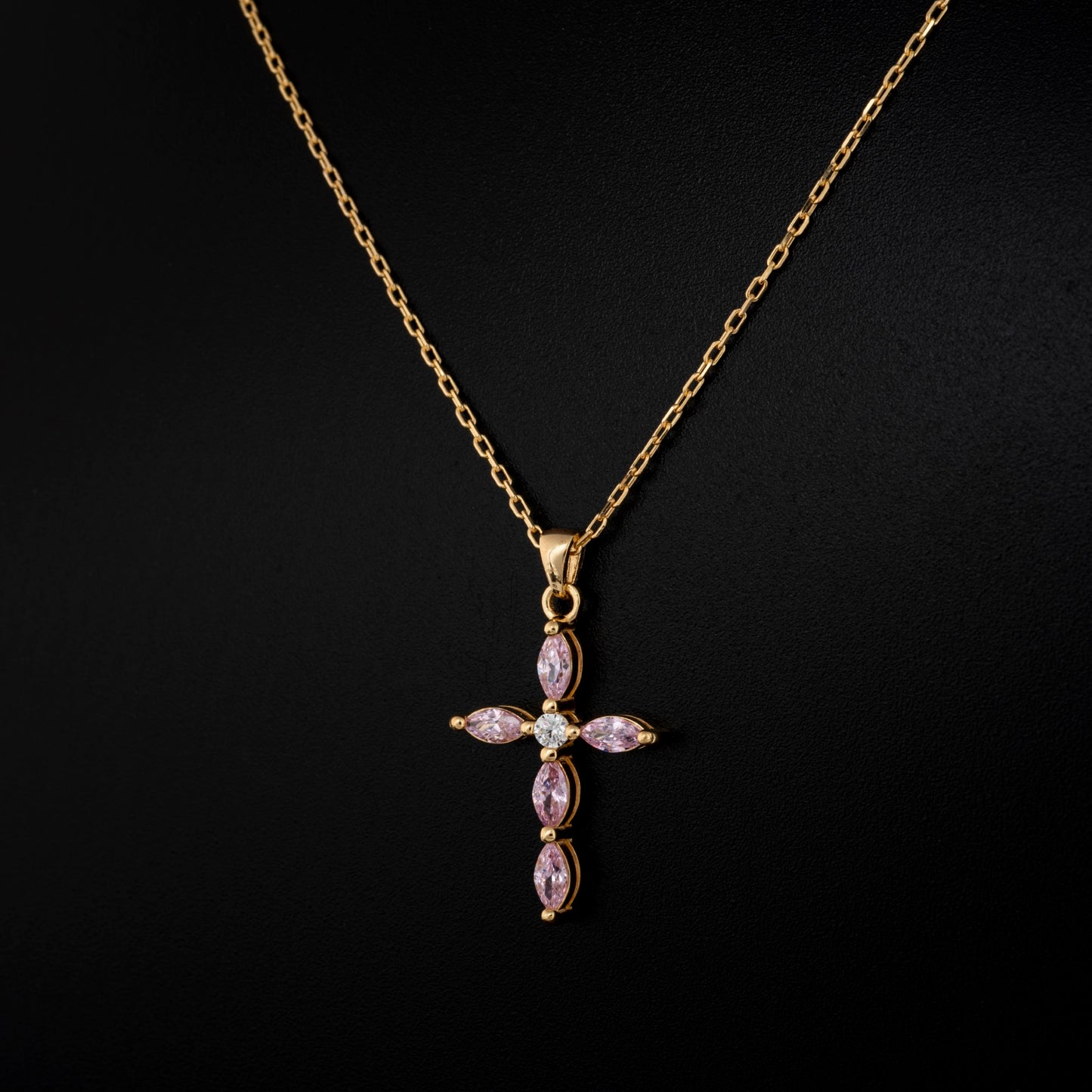 Pink Tourmaline Single Diamond Marquise Cross Necklace in 14K Solid Gold, October Birthstone Pendant Queen Jewelry Necklace
