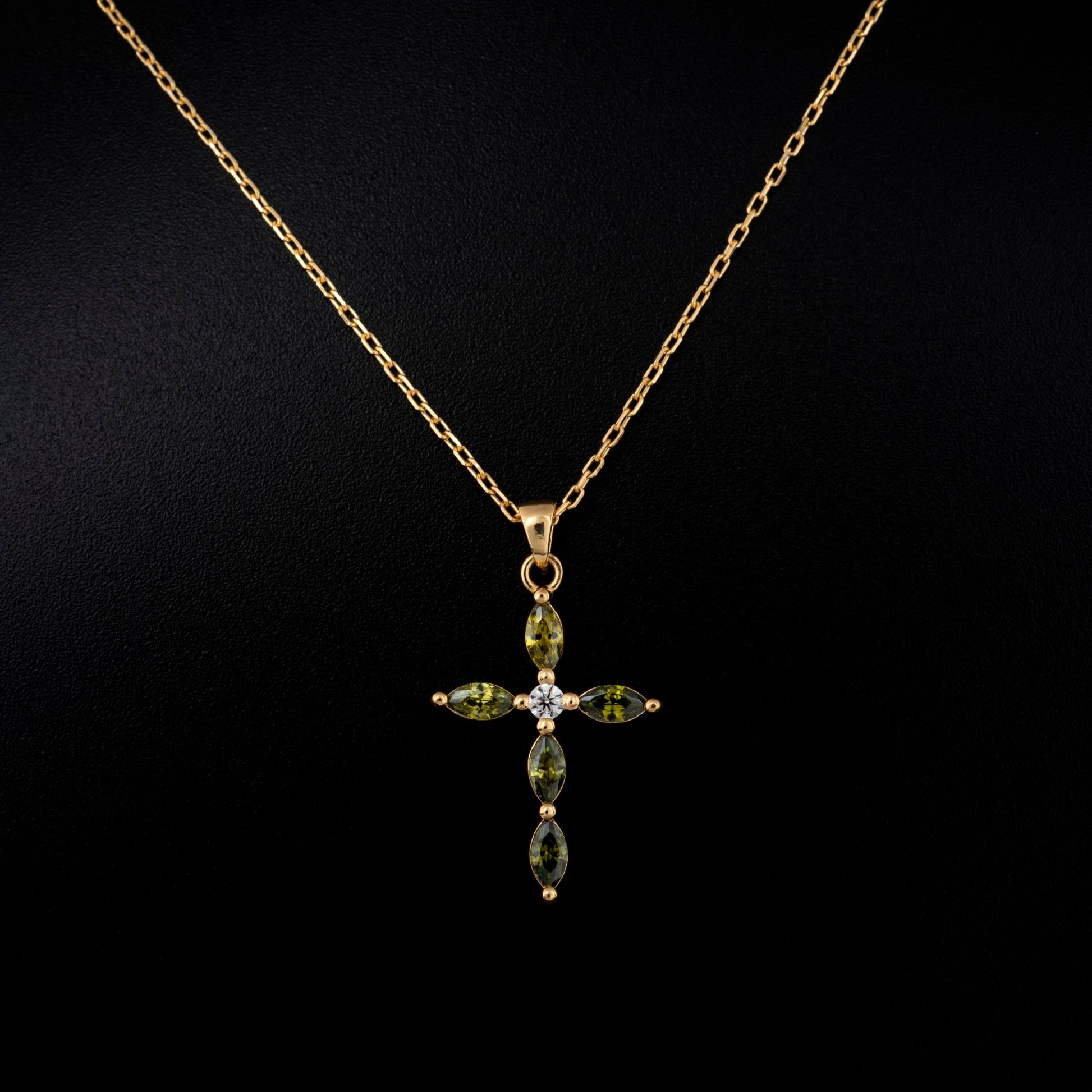 Peridot Single Diamond Marquise Cross Necklace in 14K Solid Gold, August Birthstone Pendant Queen Jewelry Necklace