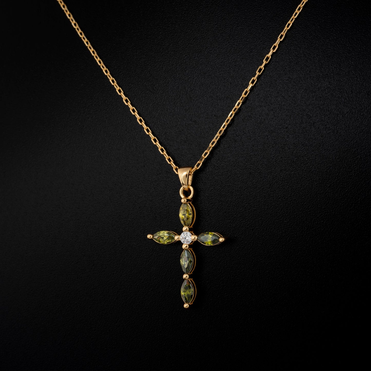 Peridot Single Diamond Marquise Cross Necklace in 14K Solid Gold, August Birthstone Pendant Queen Jewelry Necklace