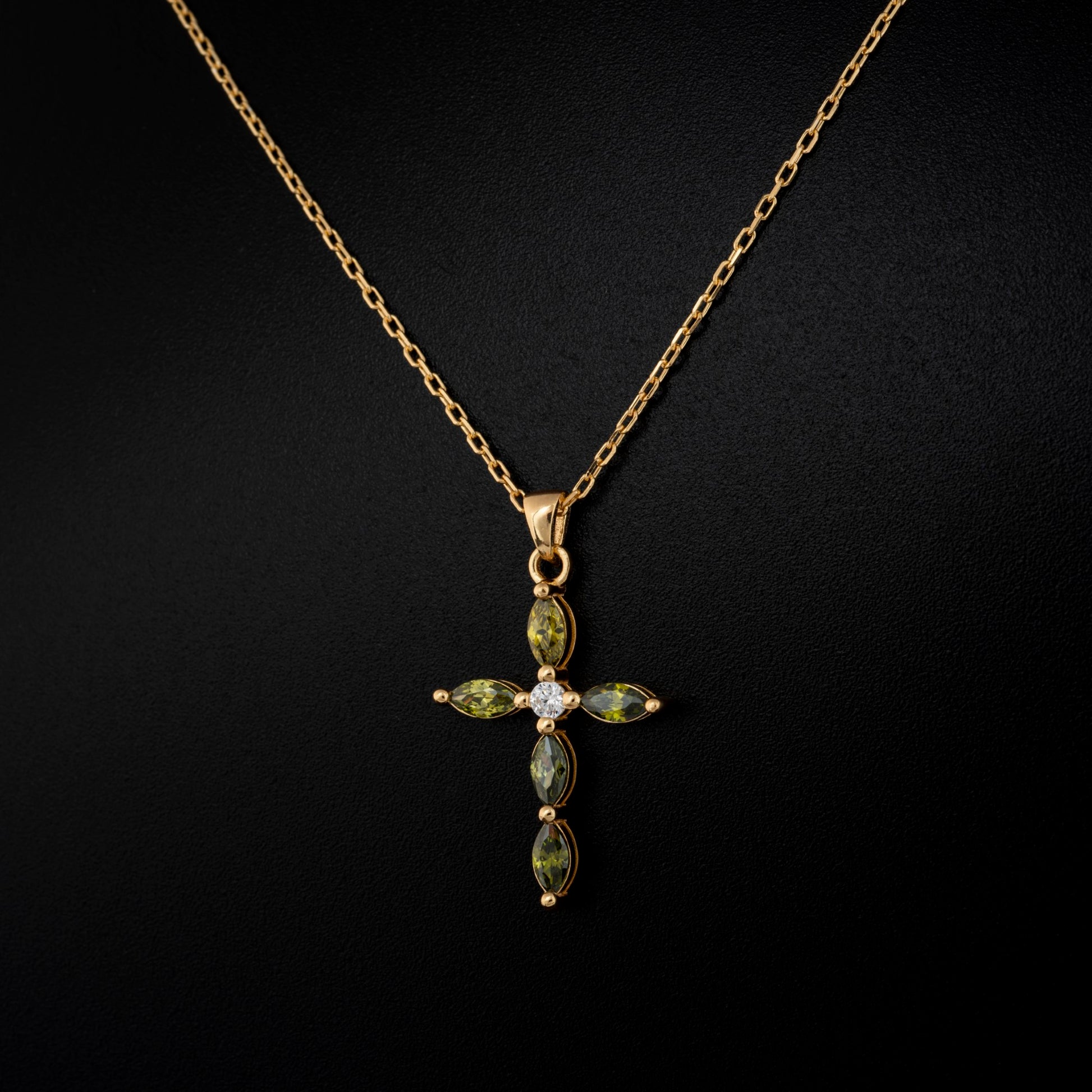 Peridot Single Diamond Marquise Cross Necklace in 14K Solid Gold, August Birthstone Pendant Queen Jewelry Necklace