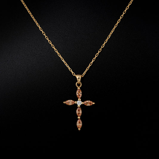 Citrine Single Diamond Marquise Cross Necklace in 14K Solid Gold, November Birthstone Pendant Queen Jewelry Necklace