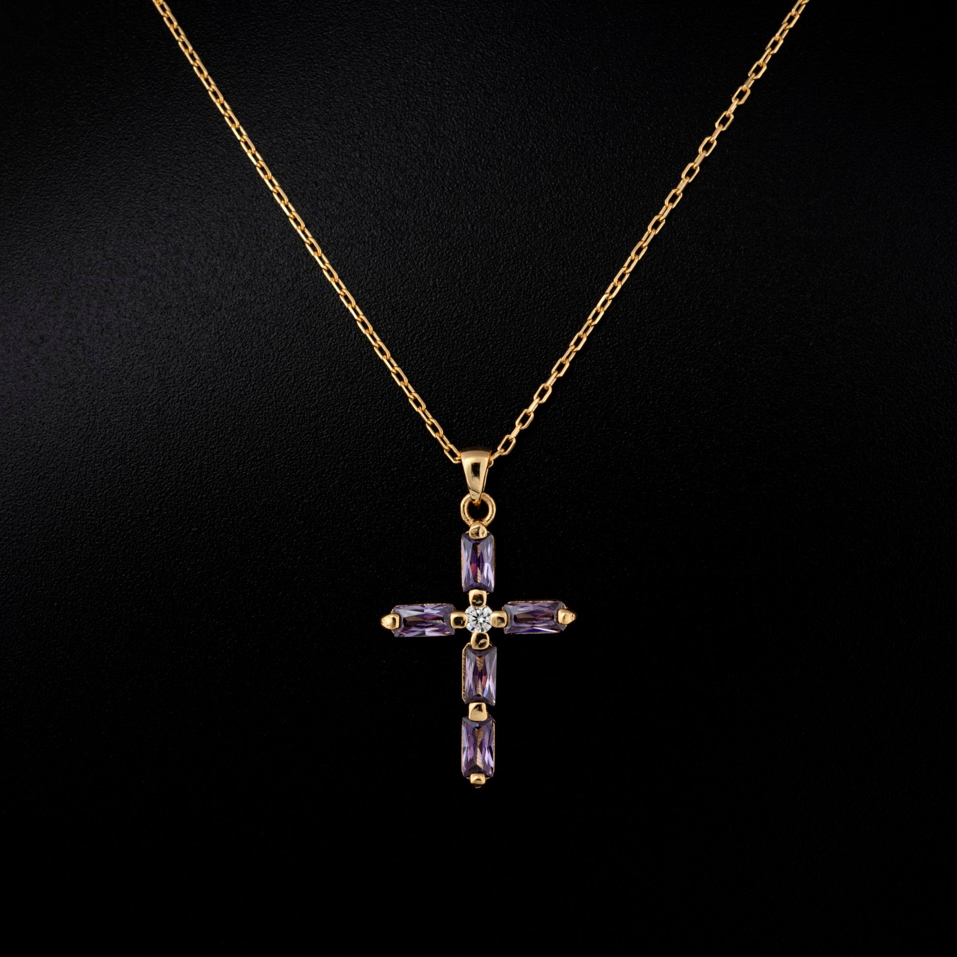 Amethyst Single Diamond Rectangular Cut Cross Necklace in 14K Solid Gold, February Birthstone Pendant Queen Jewelry Necklace