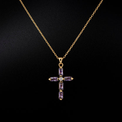 Amethyst Single Diamond Rectangular Cut Cross Necklace in 14K Solid Gold, February Birthstone Pendant Queen Jewelry Necklace
