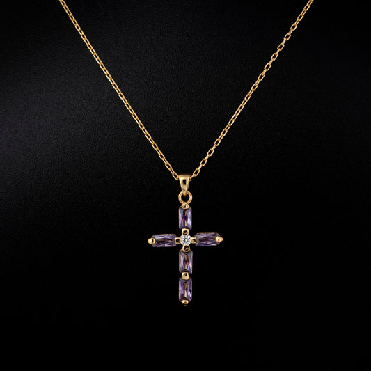 Amethyst Single Diamond Rectangular Cut Cross Necklace in 14K Solid Gold, February Birthstone Pendant Queen Jewelry Necklace