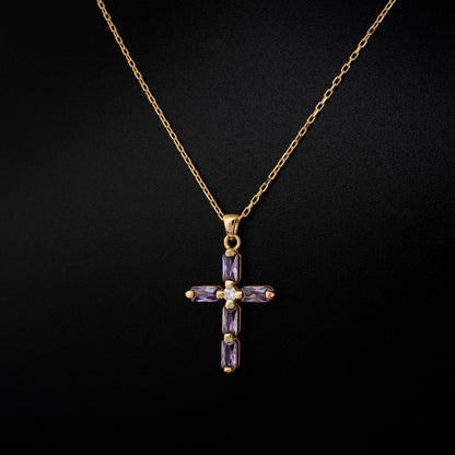 Amethyst Single Diamond Rectangular Cut Cross Necklace in 14K Solid Gold, February Birthstone Pendant Queen Jewelry Necklace