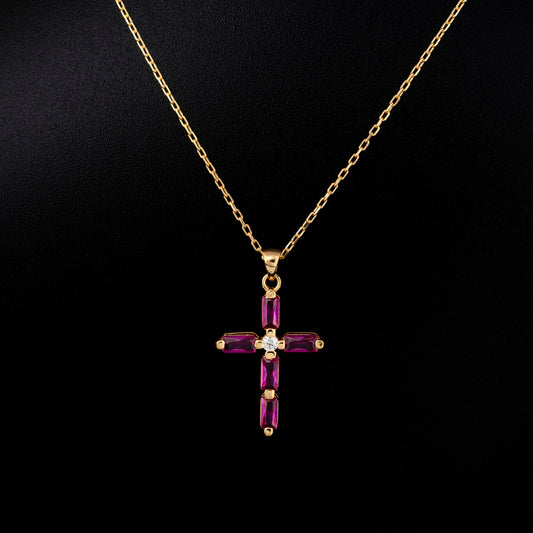 Ruby Single Diamond Rectangular Cut Cross Necklace in 14K Solid Gold, July Birthstone Pendant Queen Jewelry Necklace