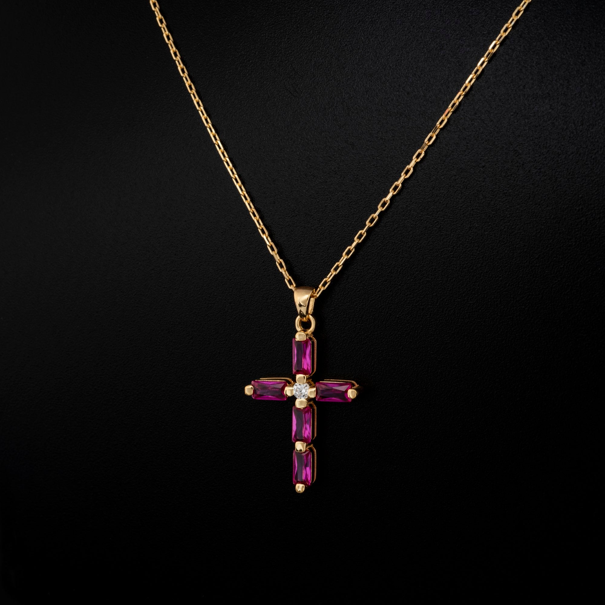 Ruby Single Diamond Rectangular Cut Cross Necklace in 14K Solid Gold, July Birthstone Pendant Queen Jewelry Necklace