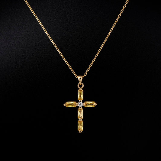 Yellow Topaz Single Diamond Rectangular Cut Cross Necklace in 14K Solid Gold, Birthstone Pendant Queen Jewelry Necklace