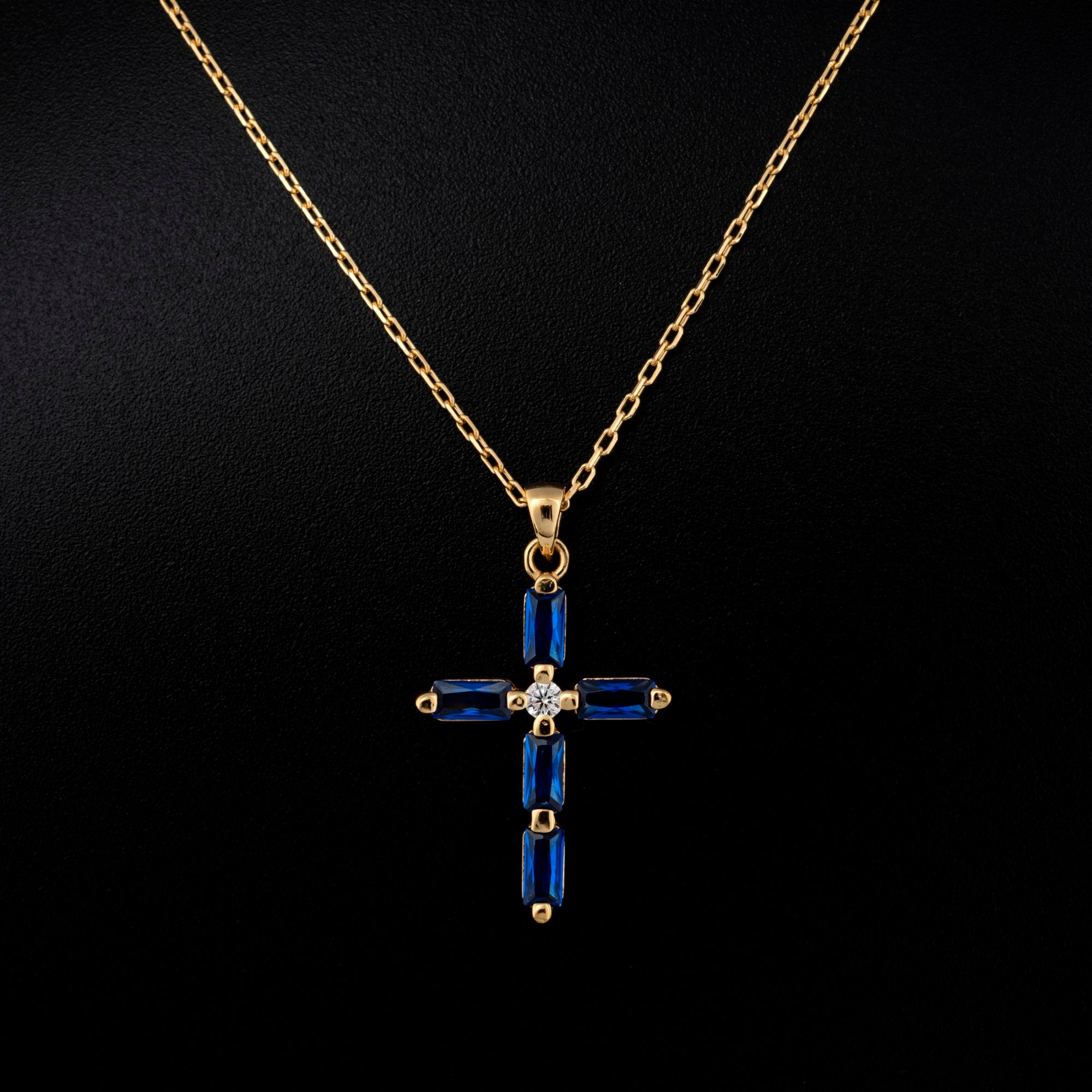 Sapphire Single Diamond Rectangular Cut Cross Necklace in 14K Solid Gold, September Birthstone Pendant Queen Jewelry Necklace