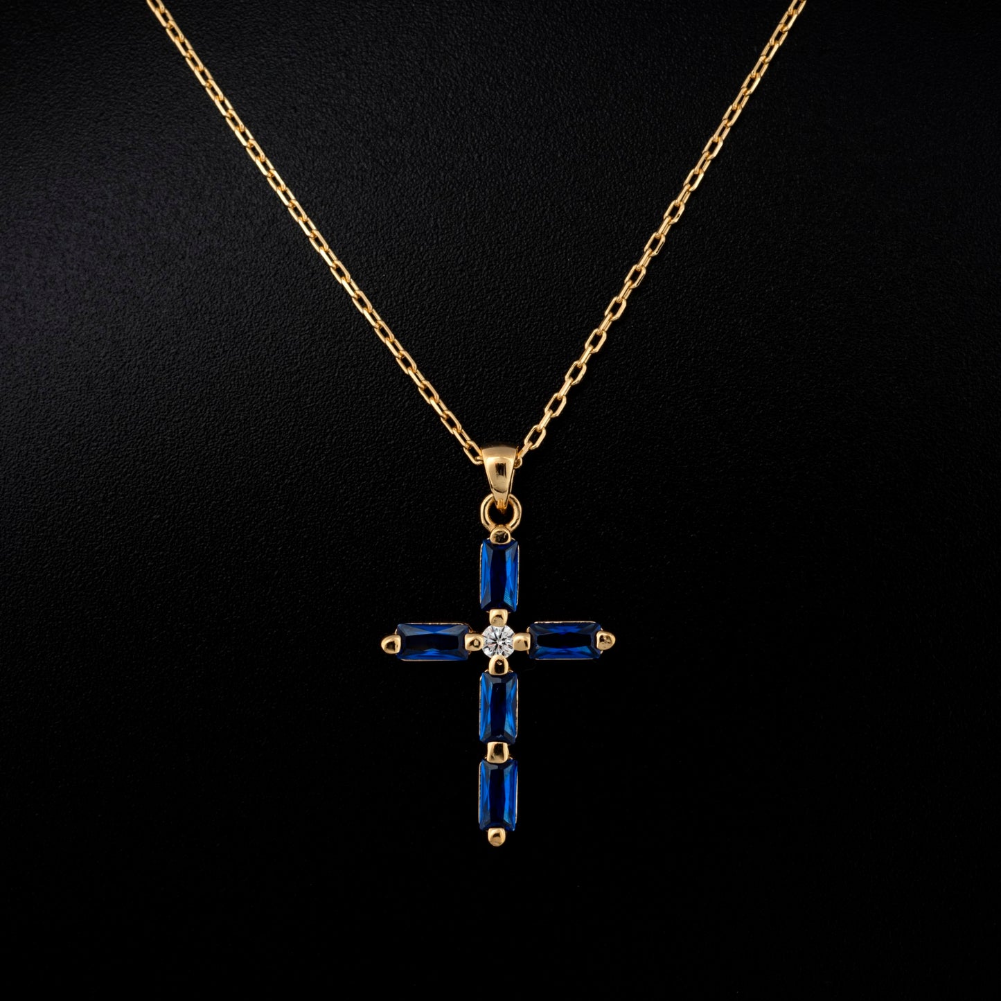 Sapphire Single Diamond Rectangular Cut Cross Necklace in 14K Solid Gold, September Birthstone Pendant Queen Jewelry Necklace