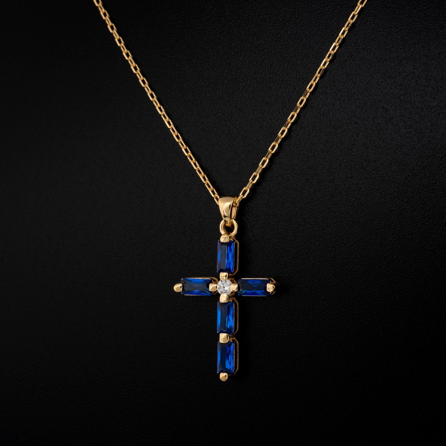 Sapphire Single Diamond Rectangular Cut Cross Necklace in 14K Solid Gold, September Birthstone Pendant Queen Jewelry Necklace