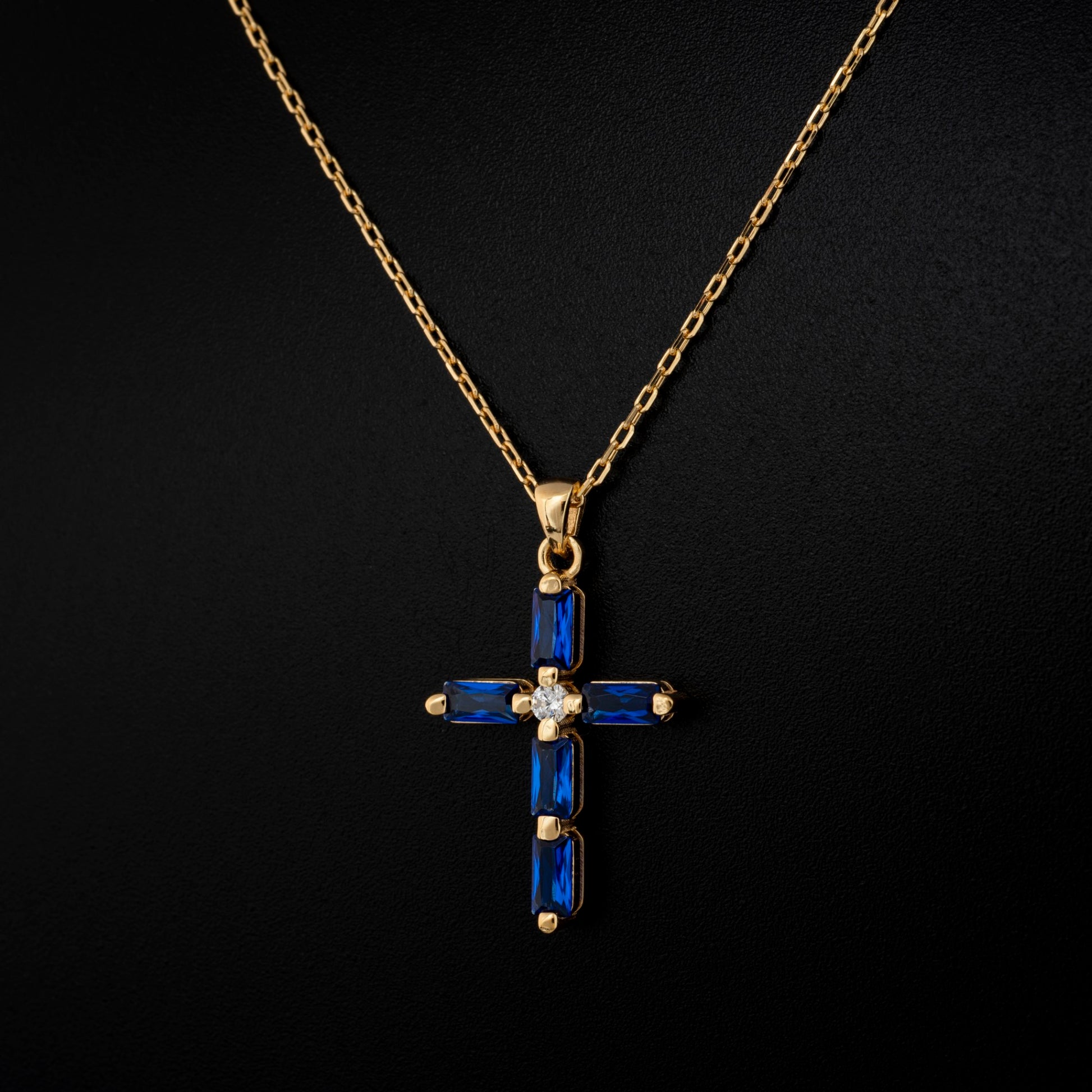 Sapphire Single Diamond Rectangular Cut Cross Necklace in 14K Solid Gold, September Birthstone Pendant Queen Jewelry Necklace