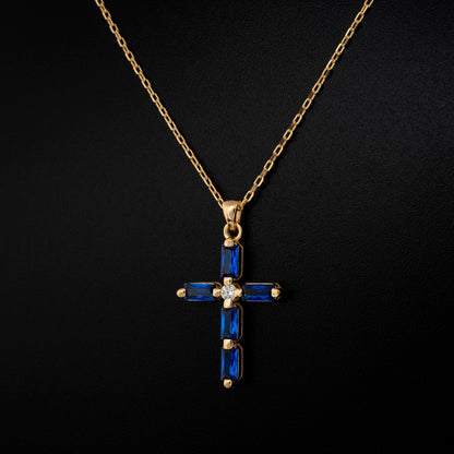 Sapphire Single Diamond Rectangular Cut Cross Necklace in 14K Solid Gold, September Birthstone Pendant Queen Jewelry Necklace