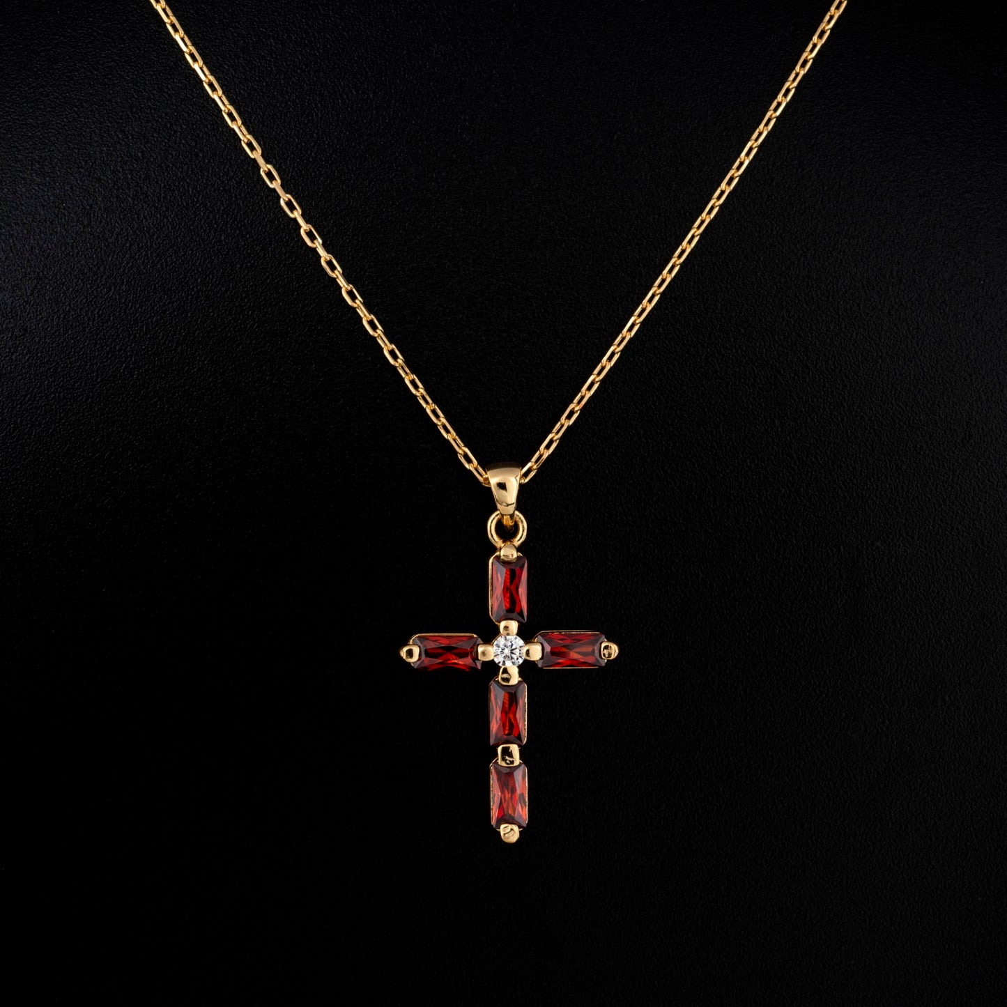Garnet Single Diamond Rectangular Cut Cross Necklace in 14K Solid Gold, January Birthstone Pendant Queen Jewelry Necklace