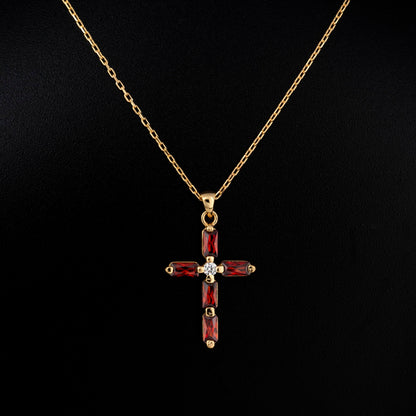 Garnet Single Diamond Rectangular Cut Cross Necklace in 14K Solid Gold, January Birthstone Pendant Queen Jewelry Necklace