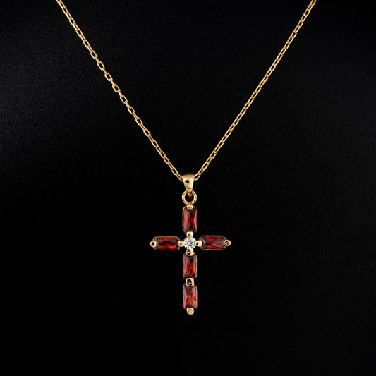 Garnet Single Diamond Rectangular Cut Cross Necklace in 14K Solid Gold, January Birthstone Pendant Queen Jewelry Necklace