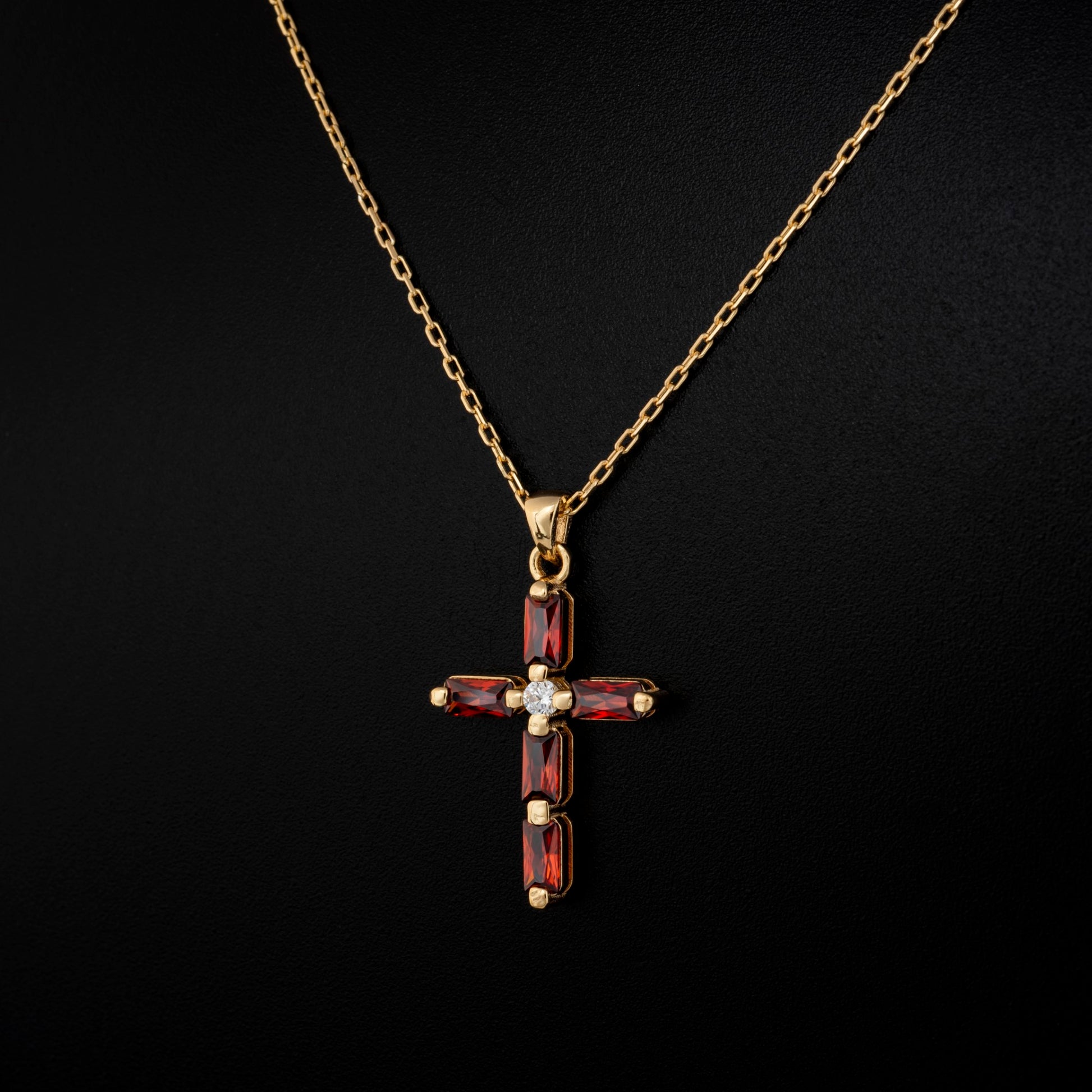 Garnet Single Diamond Rectangular Cut Cross Necklace in 14K Solid Gold, January Birthstone Pendant Queen Jewelry Necklace