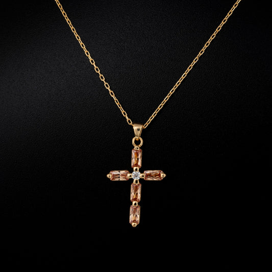 Citrine Single Diamond Rectangular Cut Cross Necklace in 14K Solid Gold, November Birthstone Pendant Queen Jewelry Necklace