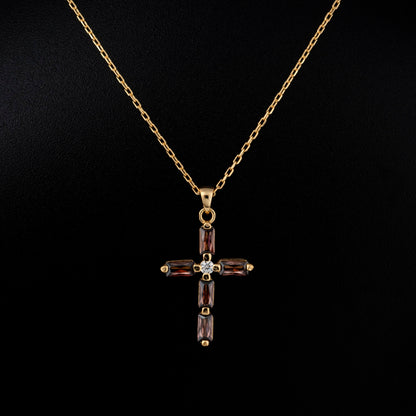 Smoky Quartz Single Diamond Rectangular Cut Cross Necklace in 14K Solid Gold, Birthstone Pendant Queen Jewelry Necklace