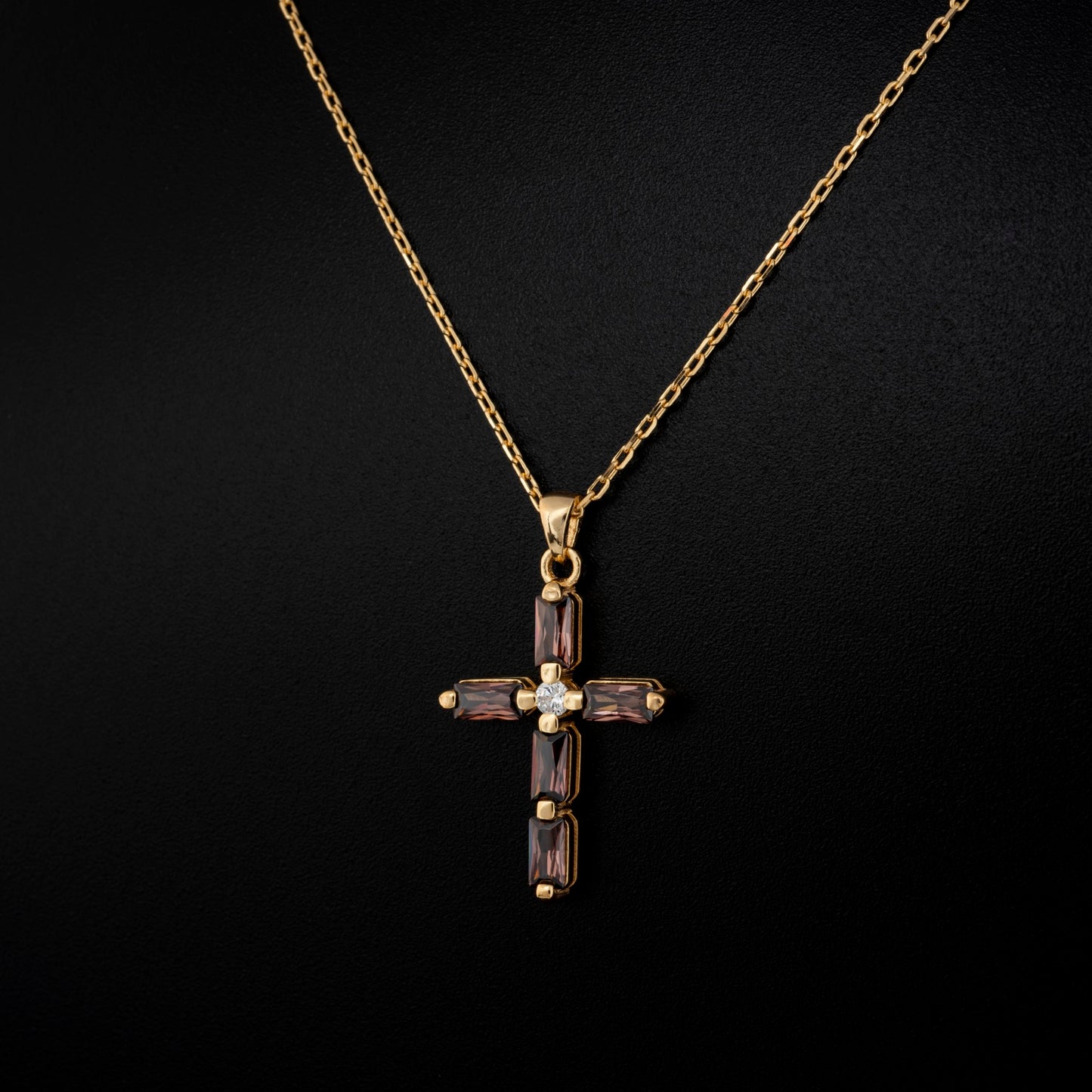 Smoky Quartz Single Diamond Rectangular Cut Cross Necklace in 14K Solid Gold, Birthstone Pendant Queen Jewelry Necklace