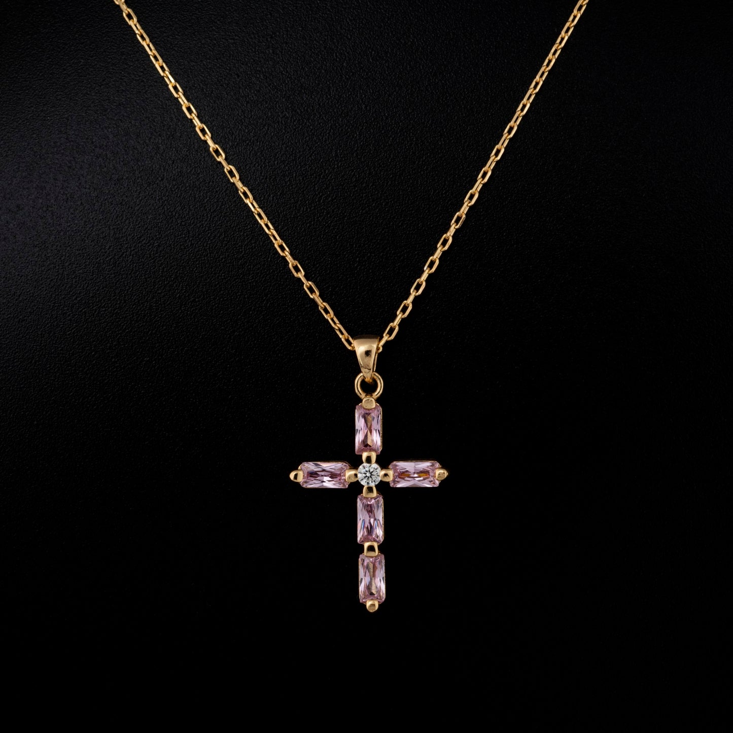 Pink Tourmaline Single Diamond Rectangular Cut Cross Necklace in 14K Solid Gold, October Birthstone Pendant Queen Jewelry Necklace