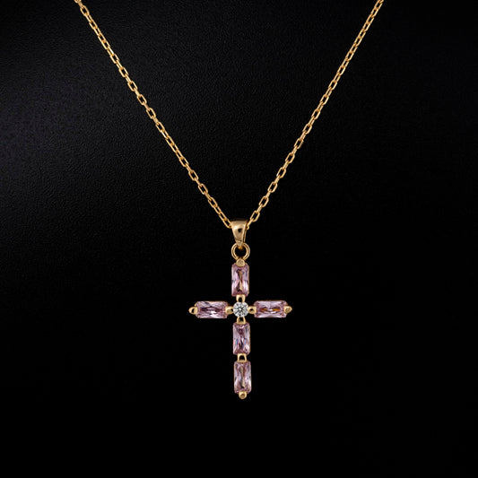 Pink Tourmaline Single Diamond Rectangular Cut Cross Necklace in 14K Solid Gold, October Birthstone Pendant Queen Jewelry Necklace