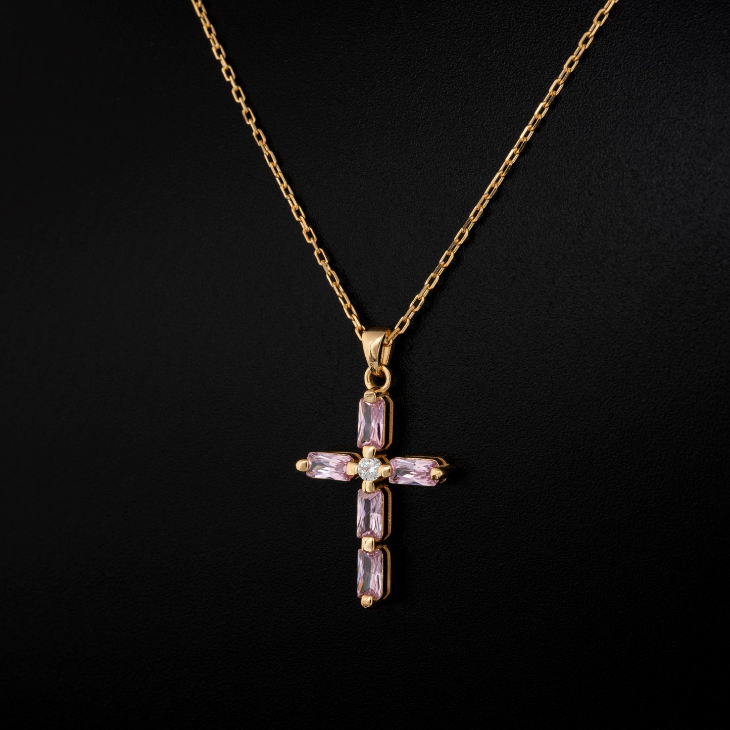 Pink Tourmaline Single Diamond Rectangular Cut Cross Necklace in 14K Solid Gold, October Birthstone Pendant Queen Jewelry Necklace