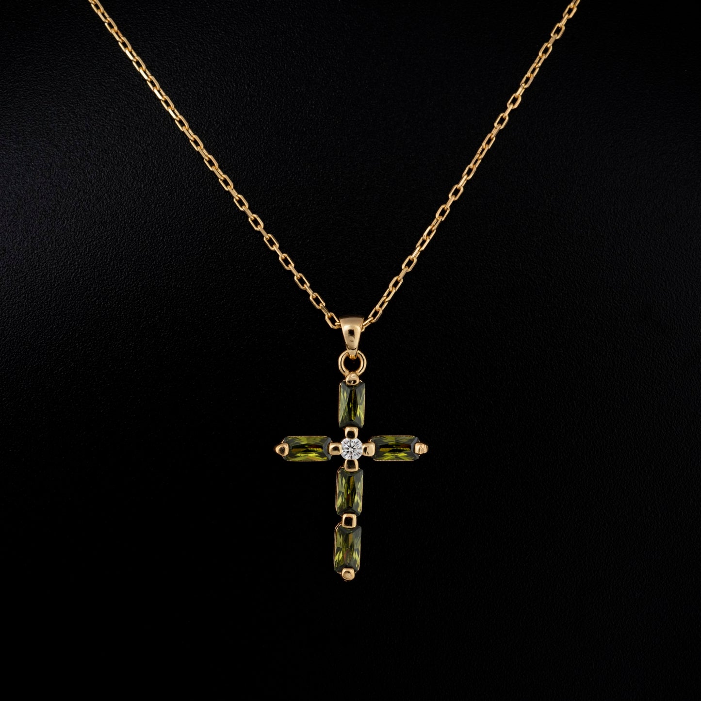 Peridot Single Diamond Rectangular Cut Cross Necklace in 14K Solid Gold, August Birthstone Pendant Queen Jewelry Necklace