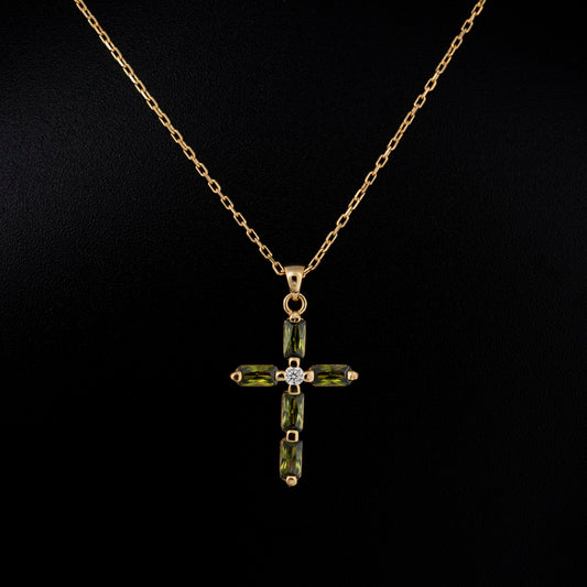 Peridot Single Diamond Rectangular Cut Cross Necklace in 14K Solid Gold, August Birthstone Pendant Queen Jewelry Necklace