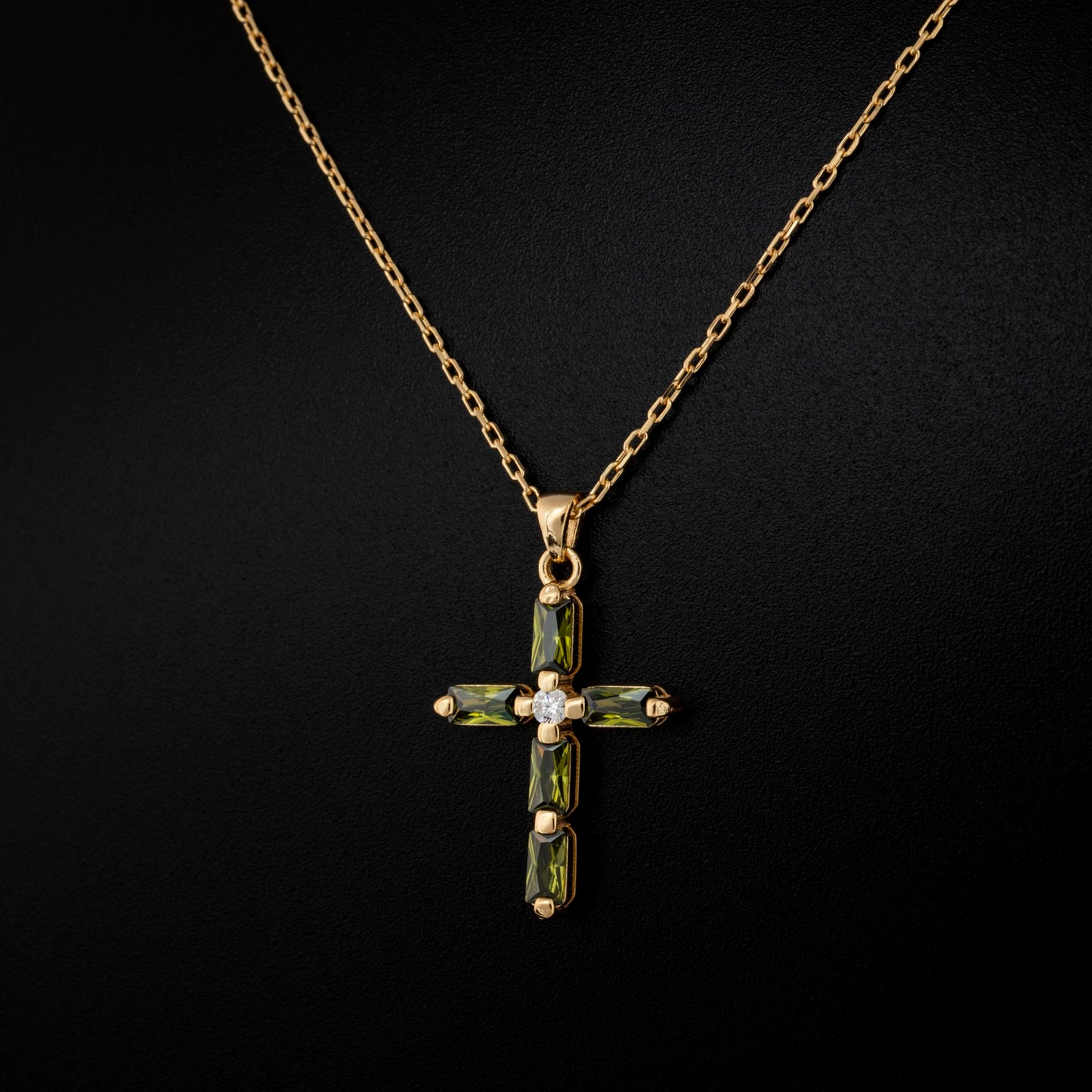 Peridot Single Diamond Rectangular Cut Cross Necklace in 14K Solid Gold, August Birthstone Pendant Queen Jewelry Necklace