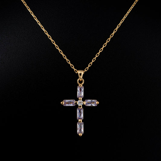 Alexandrite Single Diamond Rectangular Cut Cross Necklace in 14K Solid Gold, June Birthstone Pendant Queen Jewelry Necklace