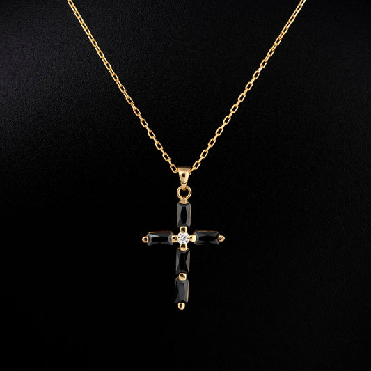 Black Onyx Single Diamond Rectangular Cut Cross Necklace in 14K Solid Gold, Birthstone Pendant Queen Jewelry Necklace
