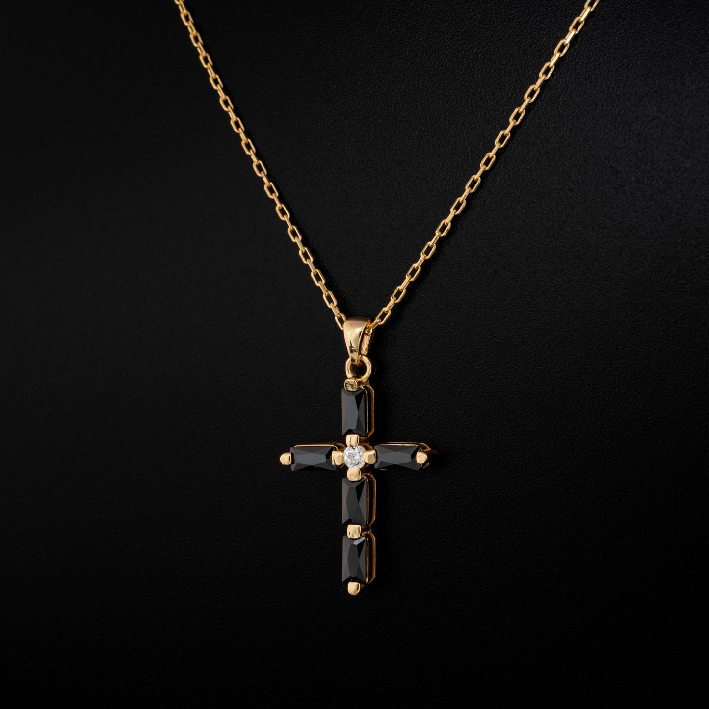 Black Onyx Single Diamond Rectangular Cut Cross Necklace in 14K Solid Gold, Birthstone Pendant Queen Jewelry Necklace