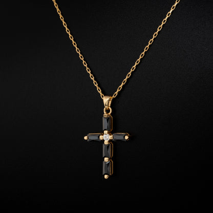 Black Onyx Single Diamond Rectangular Cut Cross Necklace in 14K Solid Gold, Birthstone Pendant Queen Jewelry Necklace