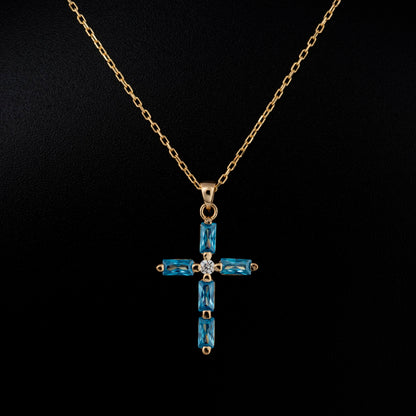 Blue Topaz Single Diamond Rectangular Cut Cross Necklace in 14K Solid Gold, December Birthstone Pendant Queen Jewelry Necklace