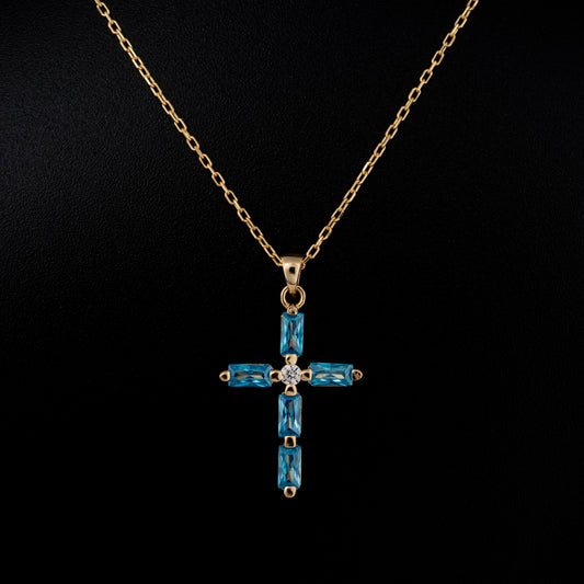 Blue Topaz Single Diamond Rectangular Cut Cross Necklace in 14K Solid Gold, December Birthstone Pendant Queen Jewelry Necklace