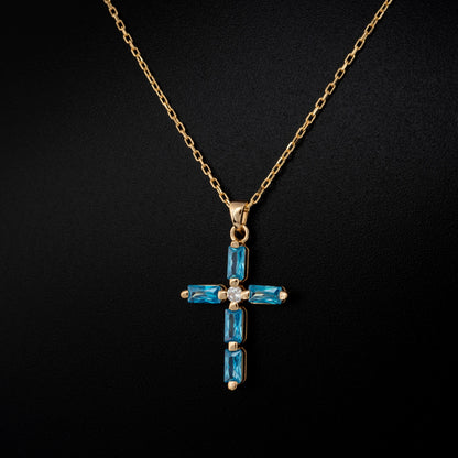 Blue Topaz Single Diamond Rectangular Cut Cross Necklace in 14K Solid Gold, December Birthstone Pendant Queen Jewelry Necklace