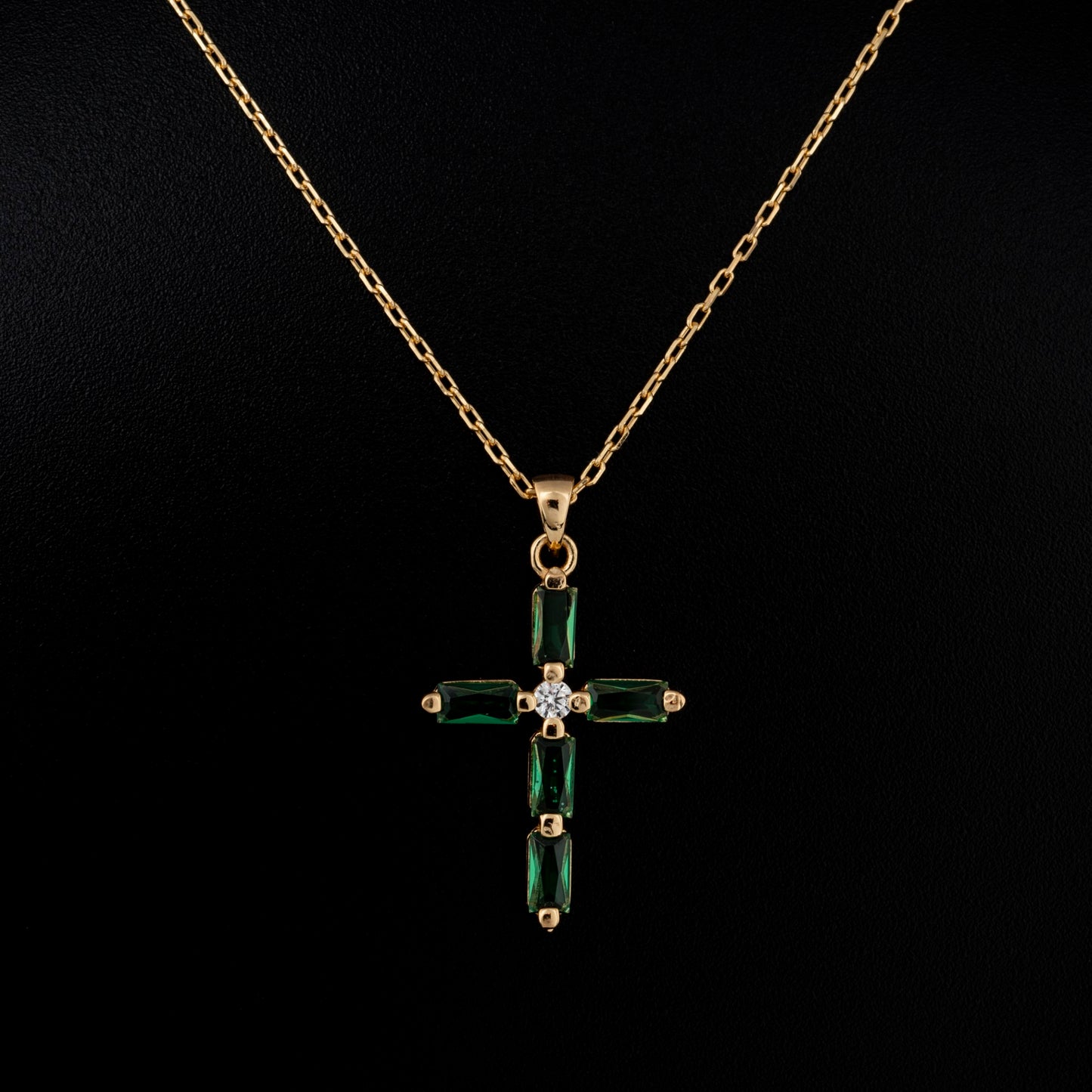 Emerald Single Diamond Rectangular Cut Cross Necklace in 14K Solid Gold, May Birthstone Pendant Queen Jewelry Necklace