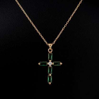 Emerald Single Diamond Rectangular Cut Cross Necklace in 14K Solid Gold, May Birthstone Pendant Queen Jewelry Necklace
